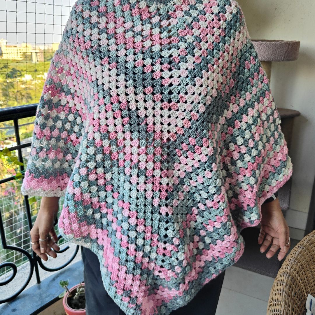 Handcrafted Cotton Crochet Poncho - Pink & Grey