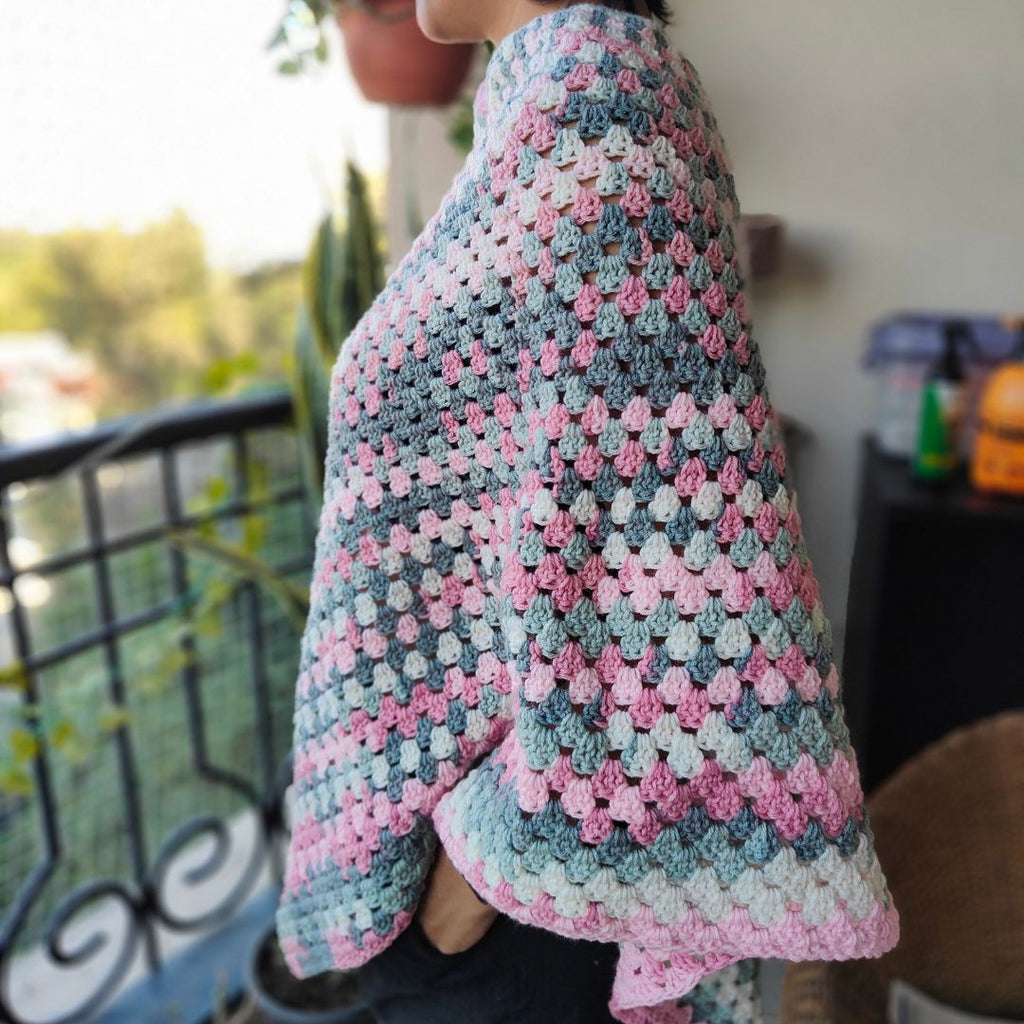 Handcrafted Cotton Crochet Poncho - Pink & Grey