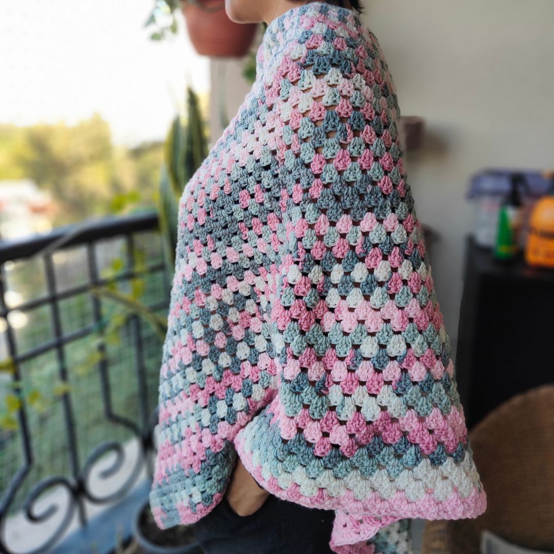 Handcrafted Cotton Crochet Poncho - Pink & Grey