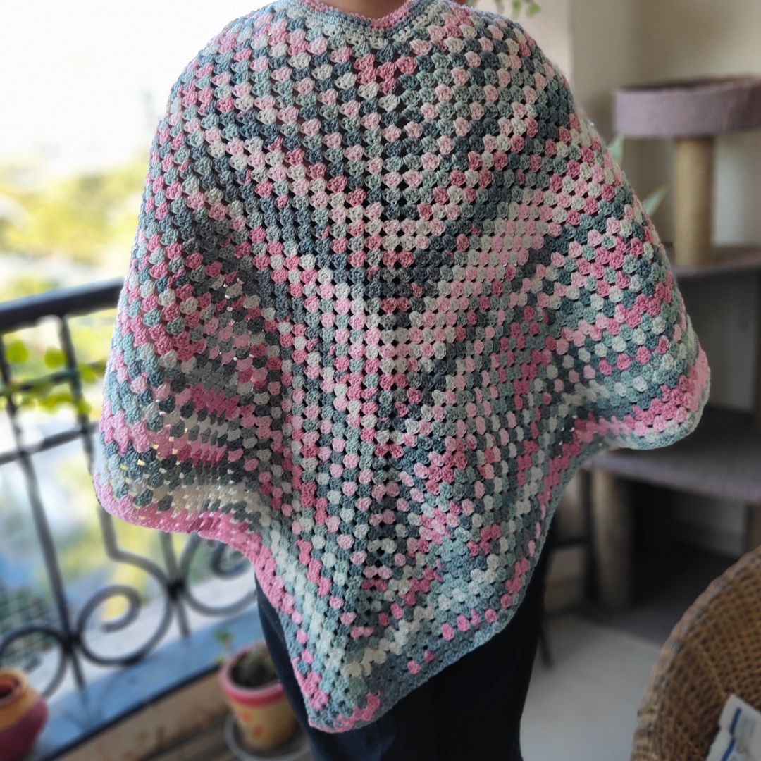 Handcrafted Cotton Crochet Poncho - Pink & Grey