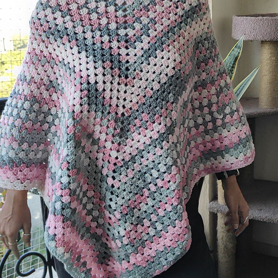 Handcrafted Cotton Crochet Poncho - Pink & Grey