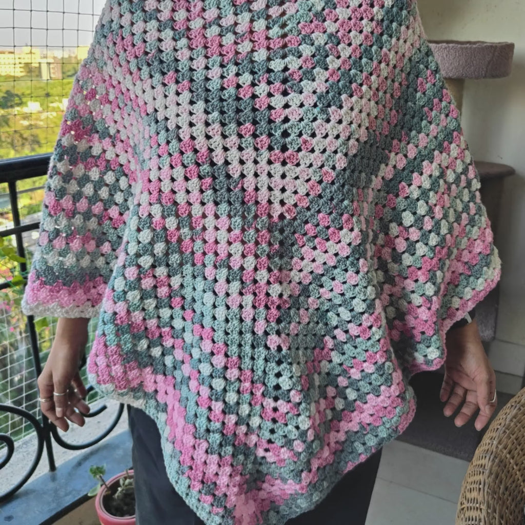 Handcrafted Cotton Crochet Poncho - Pink & Grey