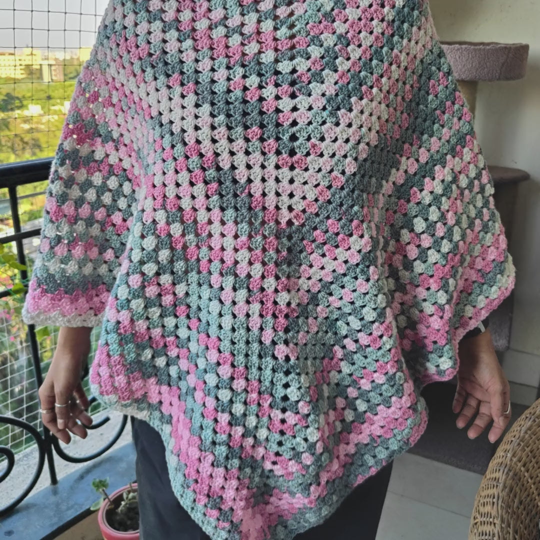 Handcrafted Cotton Crochet Poncho - Pink & Grey